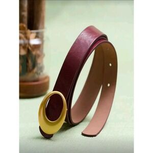 Women Burgundy faux Leather Belt Gold Oval Buckle Fashion Accessory